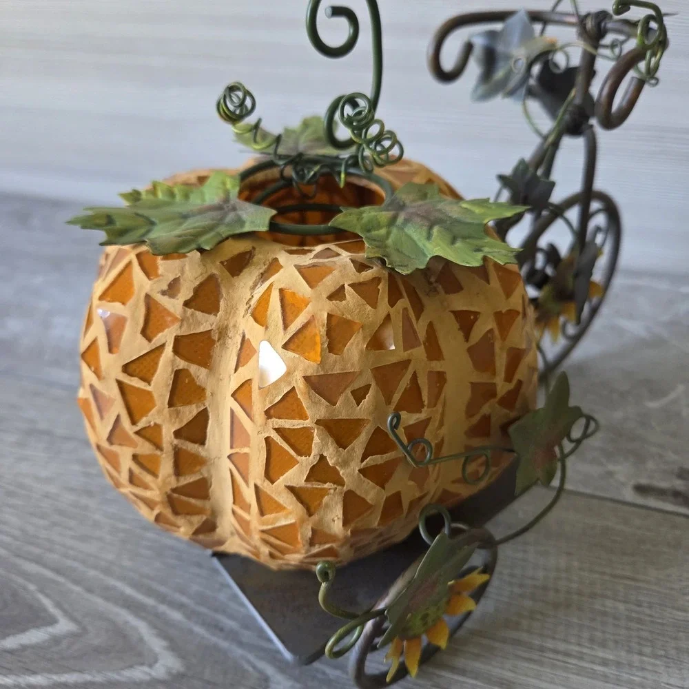 Autumn Mosaic Glass Pumpkin Tealight Holder on Metal Sunflower Tricycle Stand
